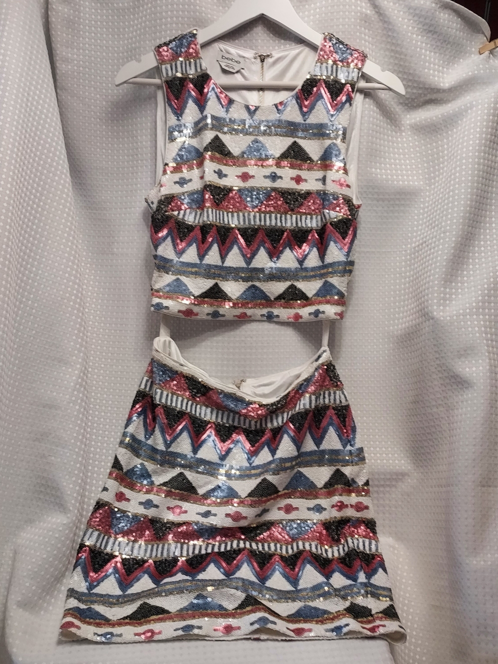 Bebe Sequin Shapes Print Two-Piece Dress - White with Pink & Blue